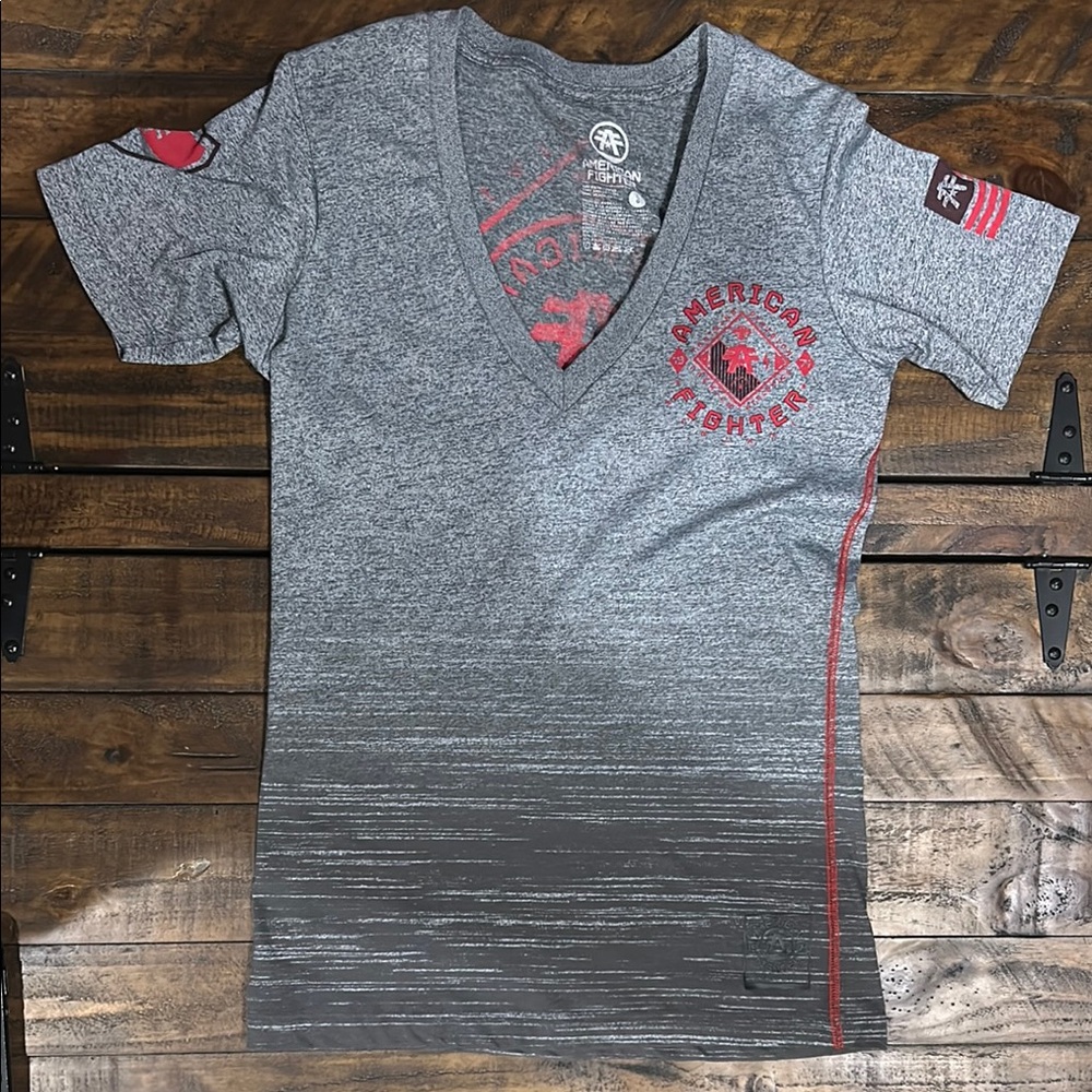 American Fighter Gray V-Neck Tee with Red Logo Accents